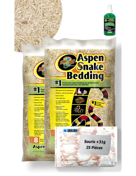 TOP Affaire - Couleuvres : 2 sacs Litière Aspen 8.8L + 25 souris +31g | 1 Wipe Out désinfecte