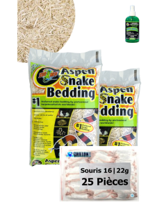TOP Affaire - Petit serpents : 2 sacs Litière Aspen 4.4L + 25 souris 16-22g | 1 Wipe Out désinfecte